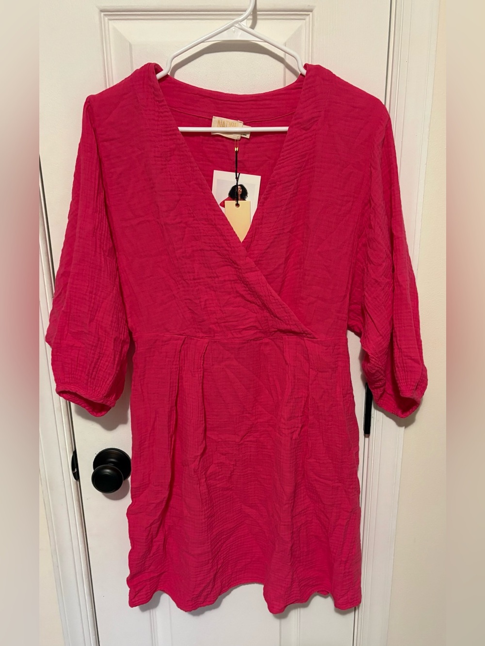 Nation Ltd Hedy Long-Sleeve Gauze Wrap Mini Dress In Hot Pink - NWT